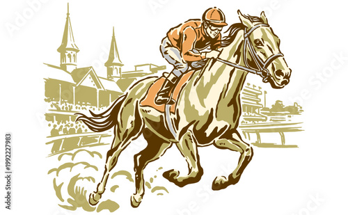 Vintage horse racing illustration. Jockey riding galloping horse on racetrack with grandstands. Derby sports competition graphic design.