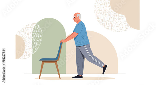 Senior man doing leg exercise with chair support for balance, healthy lifestyle