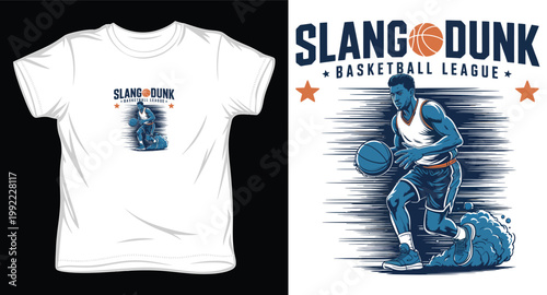 Slang dunk basketball league t-shirt design with player character graphic vector and typography.