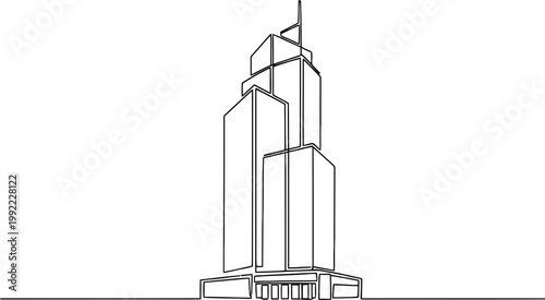 Continuous line drawing Modern skyscraper, city tower, urban landscape, architectural illustration