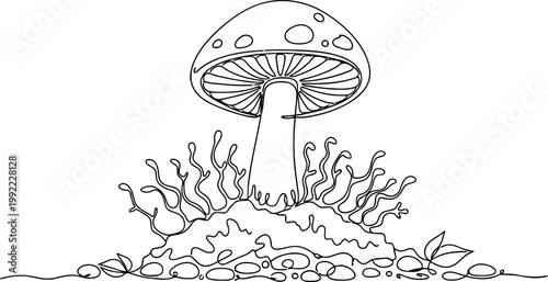 Continuous line drawing Mushroom, fungi, illustration, line art, vector, black and white, botanical, nature, drawing