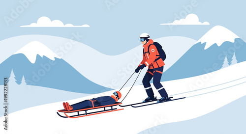Ski rescuer transports injured person on sled down snowy mountain slope