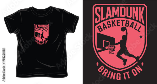 Slamdunk basketball t-shirt design with player performing a dunk and shield emblem.