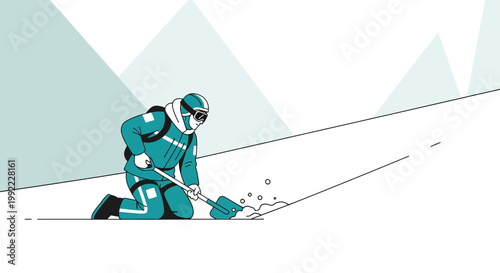 Skier digging snow with shovel on mountain slope, winter sports, avalanche rescue concept