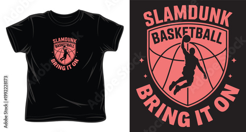 Slam dunk basketball team logo on black t-shirt vector illustration.