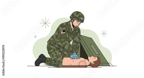 Soldier Performing CPR on Mannequin in Field Tents, Emergency Medical Training