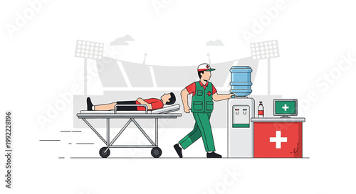 Sports Injury Emergency: Athlete on Stretcher, Medic, Stadium Background, Hydration Station
