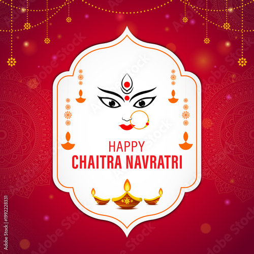 Chaitra Navratri festival card design with Goddess Durga eyes, traditional lamps, and decorative red theme