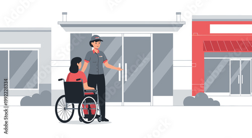 Staff assisting disabled woman in wheelchair into a store, accessibility concept