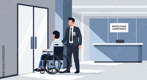 Staff assisting person in wheelchair entering building, wheelchair assistance service