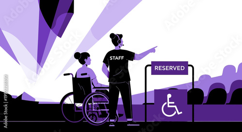 Staff assisting person in wheelchair to reserved accessible seating at event