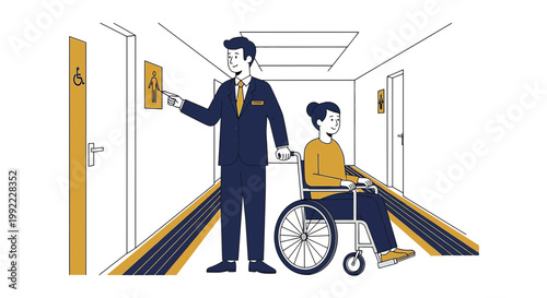 Staff Assists Woman in Wheelchair in Accessible Hallway with Braille Sign