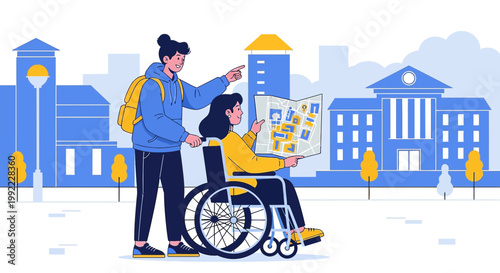Student helping disabled peer navigate campus with map, accessibility concept