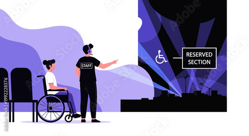 Staff member guiding person in wheelchair to reserved accessible seating at event