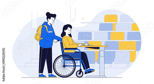 Student assisting disabled peer in wheelchair at desk with bookshelves background