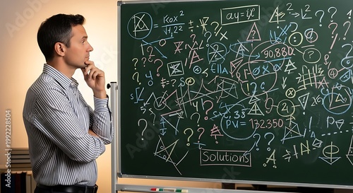 Professional man thinking deeply about complex math on green board