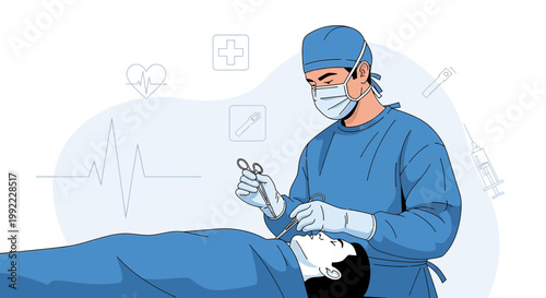 Surgeon Performing Operation on Patient in Operating Room with Medical Icons