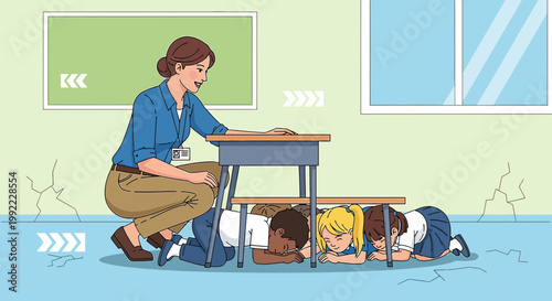 Teacher and students practice earthquake safety drill, duck and cover under desks in classroom