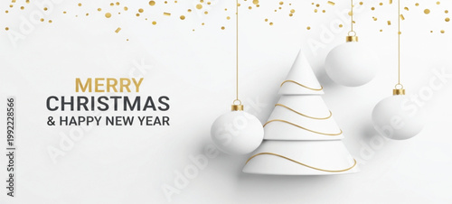Merry Christmas and Happy New Year Greeting Card with Minimalist 3D White Tree Gold Ornaments and Confetti for Holiday Banner Marketing and Celebration