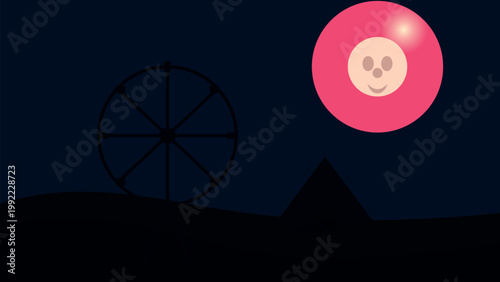 Smiling moon rising over a ferris wheel in the night sky Vector