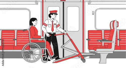 Train attendant helps disabled passenger in wheelchair board train with ramp