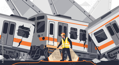 Train Accident Scene: Inspector Examines Wreckage with Flashlight