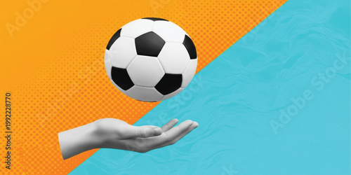 Modern Collage Concept Vector of a Hand Reaching for a Floating Soccer Ball on a Vibrant Textured Orange and Teal Halftone Background for Sports Promotion