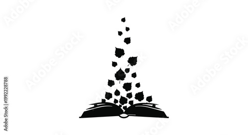 Open book releases a vertical stream of floating autumn leaves into the air.