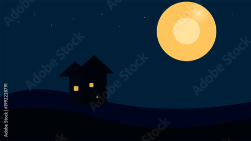 Serene house under a glowing full moon in the night sky Vector