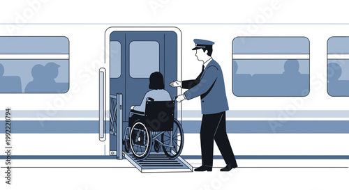 Train attendant helps person in wheelchair board train using ramp, accessibility concept