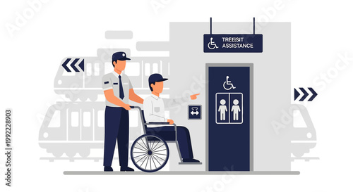 Transit Assistance: Attendant Helps Person in Wheelchair at Accessible Station Entrance