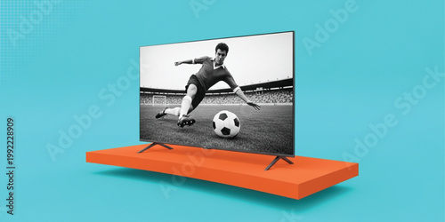 Modern Flat Screen Smart TV Displaying a Soccer Match on a Floating Orange Platform Over a Teal Background for Home Entertainment and Sports Broadcasting Concepts
