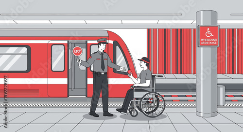 Train station staff assisting person in wheelchair onto train, accessibility symbol