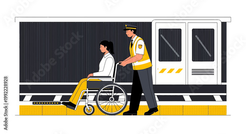 Transit worker assists woman in wheelchair boarding train, accessibility concept