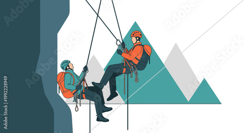 Two climbers rappelling down a cliff face with mountains in the background