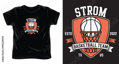 Strom basketball team logo on black t-shirt vector illustration.
