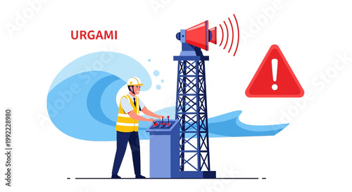 Tsunami Warning System Operator Controls Alert Tower Amidst Giant Waves