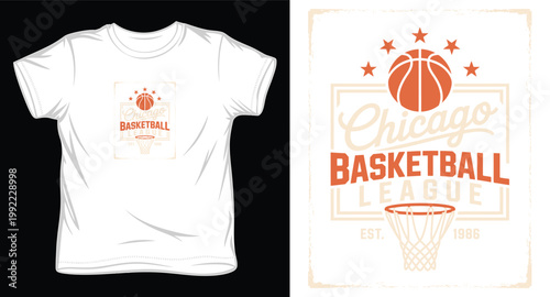 Chicago basketball league distressed logo on white t-shirt vector.