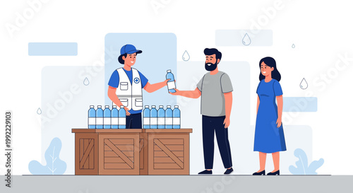 Volunteer distributing water bottles to people during a humanitarian aid event.