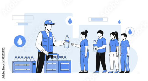 Volunteer distributing bottled water to people in line during a crisis or event.