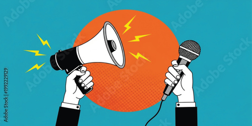 Pop Art Style Vector Illustration of Hands Holding a Megaphone and Microphone for Media Communication News Broadcast Public Speaking and Press Journalism Concept Background