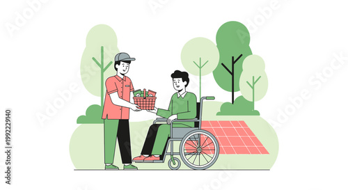 Volunteer helps disabled man in wheelchair with groceries in park picnic setting
