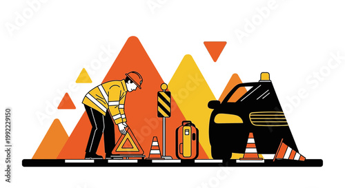 Roadside Assistance: Worker Sets Up Warning Triangle Near Broken Down Car and Traffic Cones