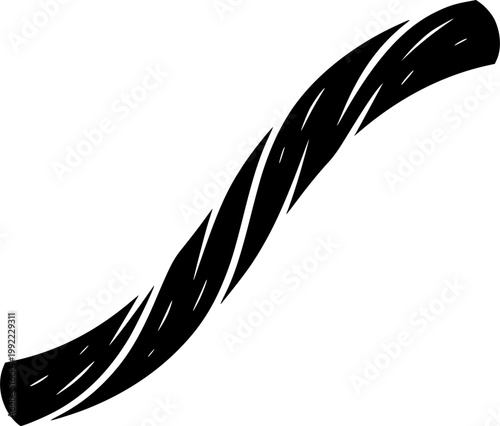 Licorice Twist: A close-up monochrome depiction of a single licorice candy, elegantly twisted. A graphic representation of a popular treat.