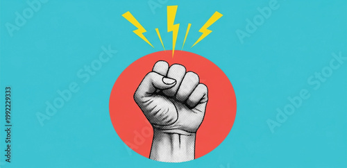 Raised Fist Power Pop Art Vector with Lightning Bolts Symbolizing Protest Strength Freedom Revolution and Social Justice Movement
