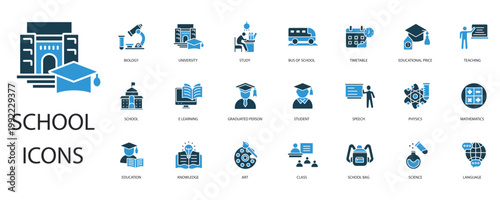 school icons set outline and Flat Style,transparent background