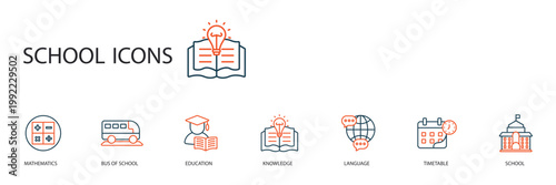 school icons set outline and Flat Style,transparent background