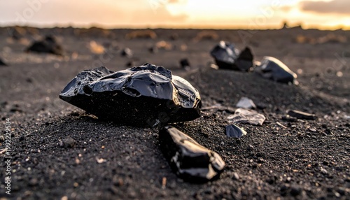 Jagged obsidian shards scattered across a scorched ashen plain reflecting dull light at sunset