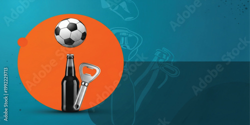 Soccer Ball with Dark Beer Bottle and Metal Bottle Opener Vector Illustration for Sports Bar Promotions Football Match Day Celebrations and Fan Lifestyle Concept