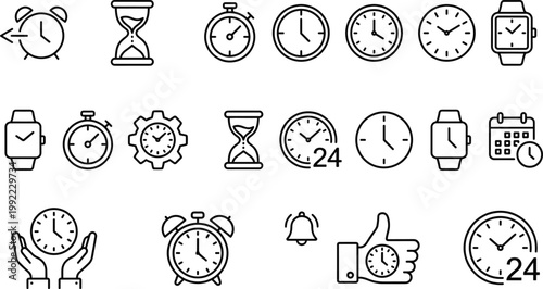 Time management icons set collection clock stopwatch calendar reminder productivity outline symbols vector isolated design elements